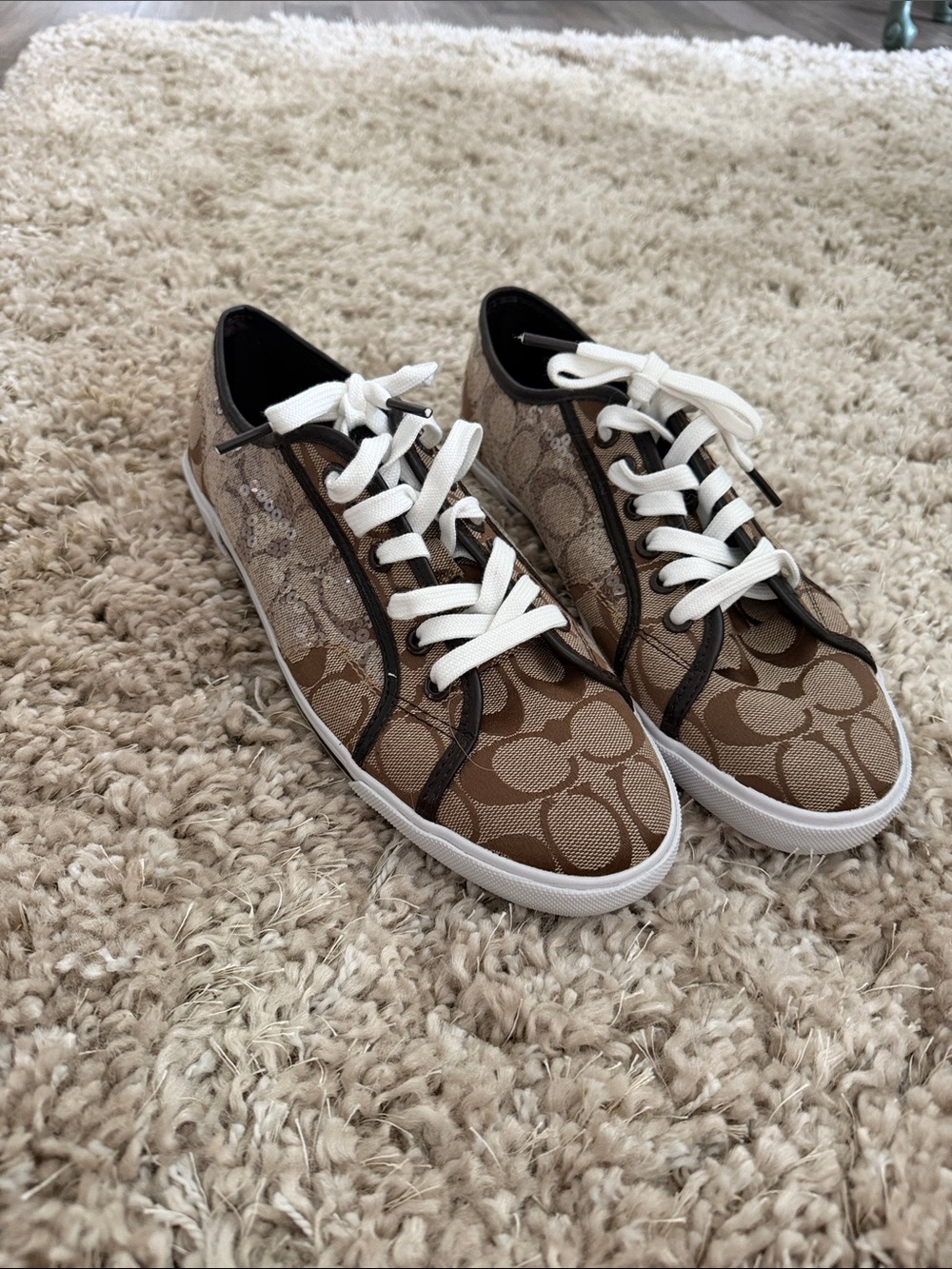 Coach Signature Canvas Low-Top Sneakers in Brown with White Laces